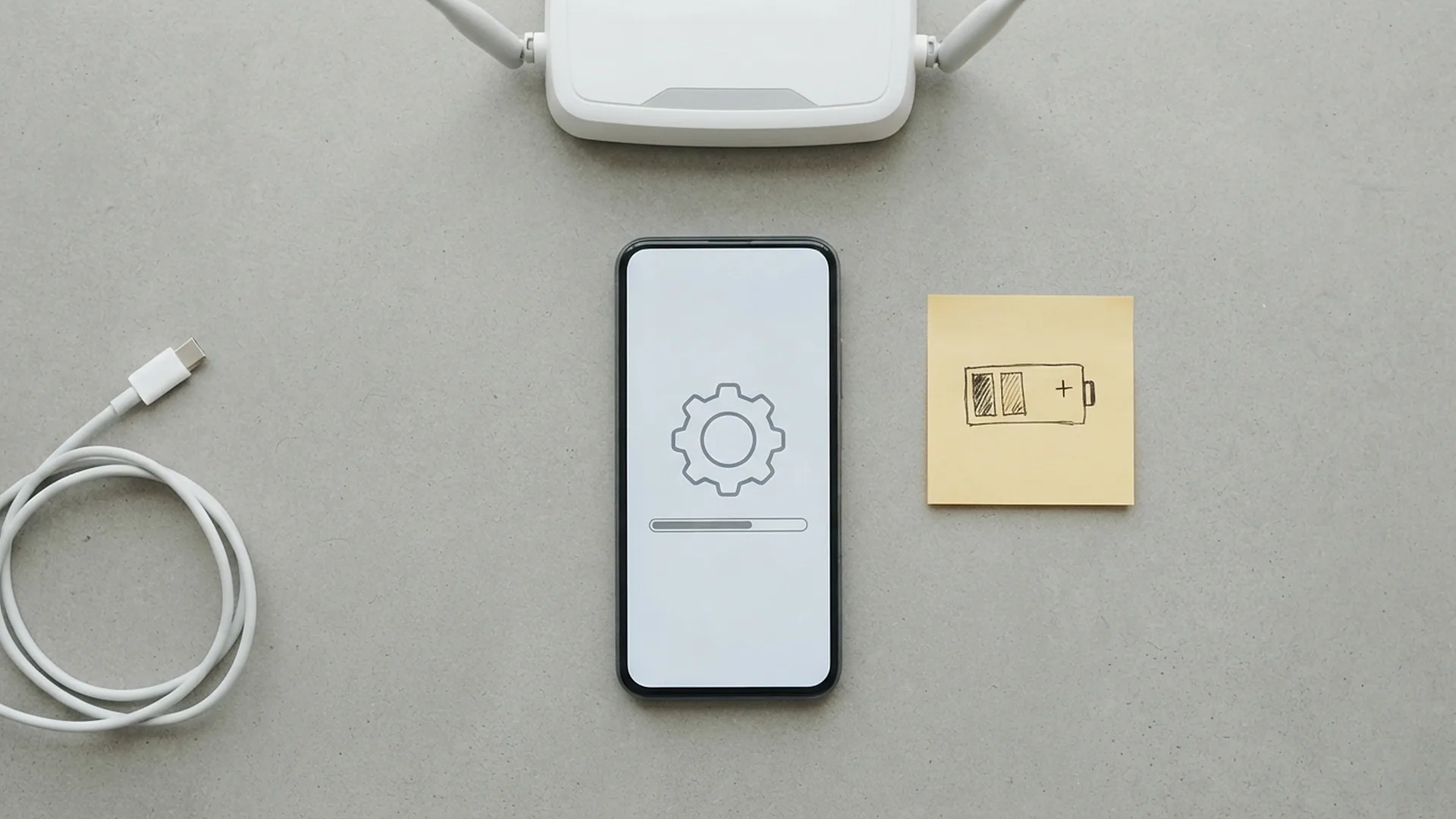 Смартфон с застрявшей полоской обновления, рядом зарядный кабель и Wi-Fi-роутер