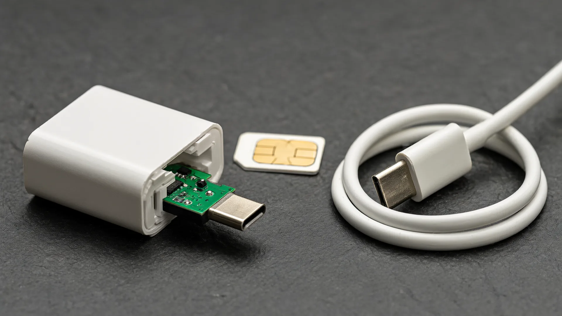 Разобранная зарядка с платой, SIM-карта и кабель USB-C на тёмном столе