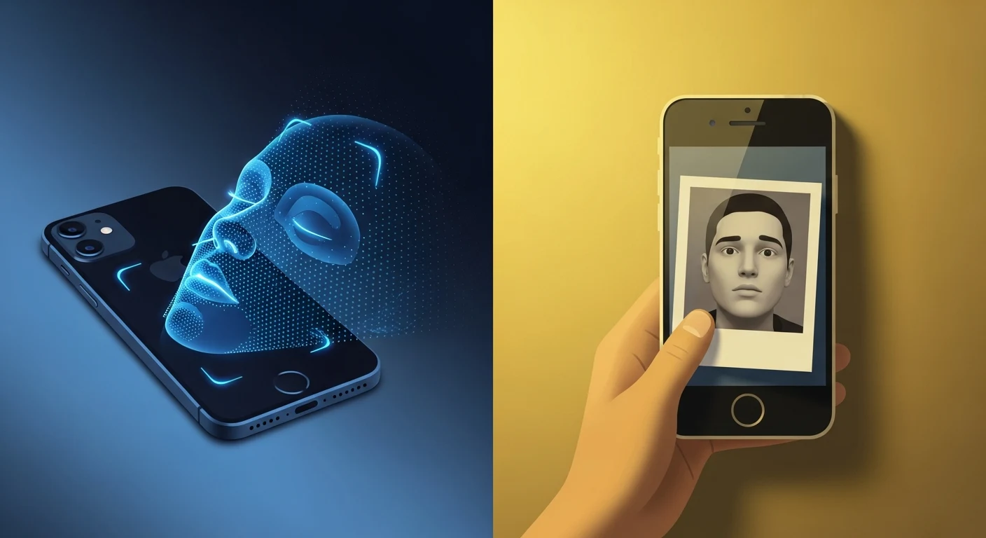 Слева — iPhone с сеткой инфракрасных точек Face ID на лице, справа — Android-смартфон, распознающий распечатанную бумажную фотографию