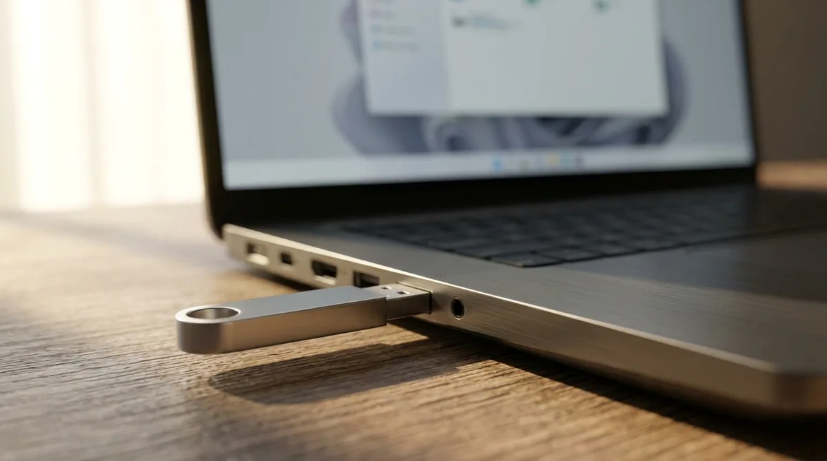 Флешка в USB-разъёме ноутбука, на экране окно с предложением отформатировать диск