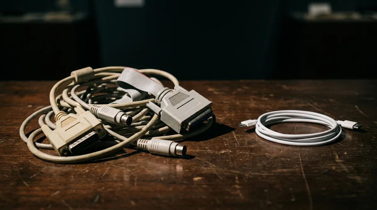 Куча старых компьютерных кабелей 90-х годов и один современный кабель USB-C рядом