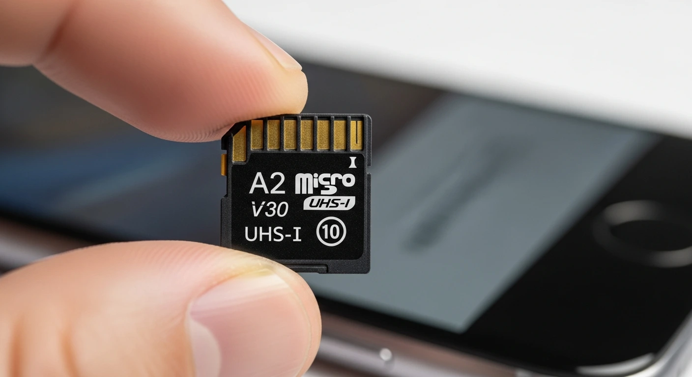 microSD-карта памяти крупным планом на фоне смартфона