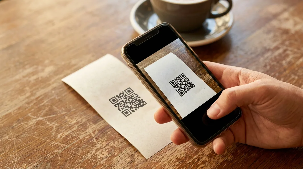 Рука со смартфоном наводит камеру на QR-код, напечатанный на чеке