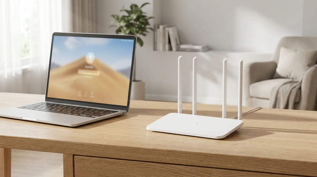 Wi-Fi роутер на столе рядом с ноутбуком
