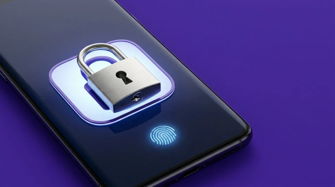 Смартфон с иконкой приложения, закрытого замком, запрос отпечатка пальца