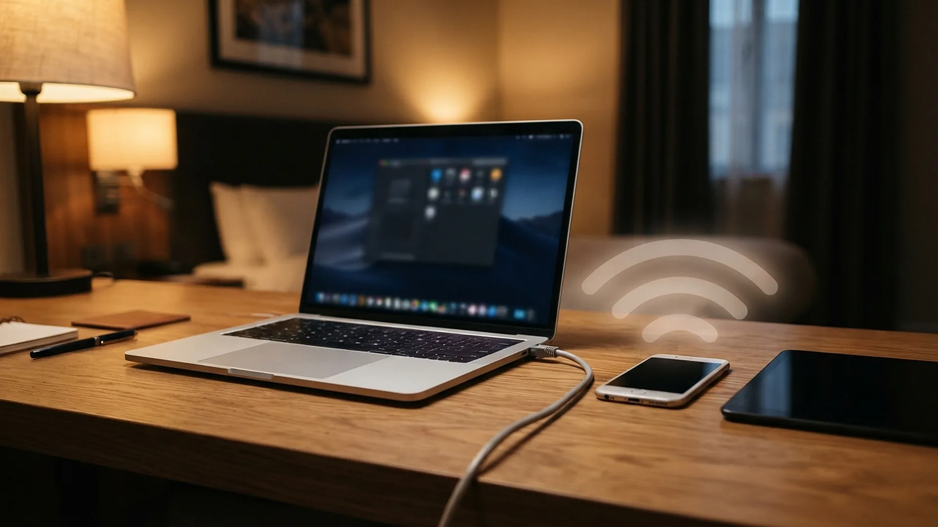 Ноутбук на столе раздаёт Wi-Fi на смартфон и планшет