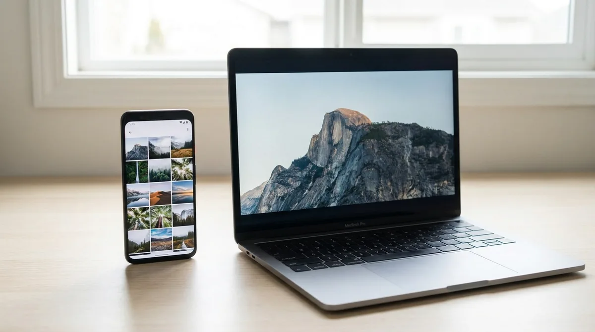 Смартфон и ноутбук с открытой фотографией