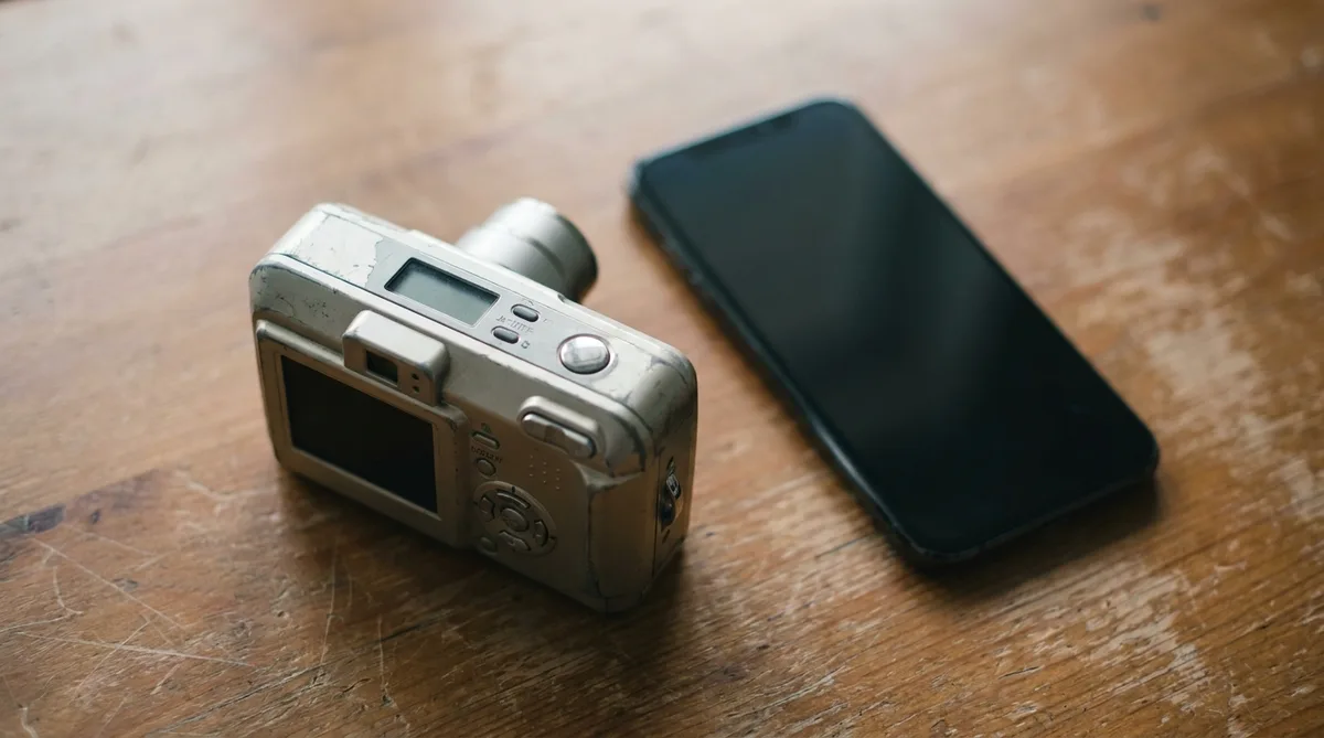 Компактная цифровая фотокамера начала 2000-х рядом с современным смартфоном на столе