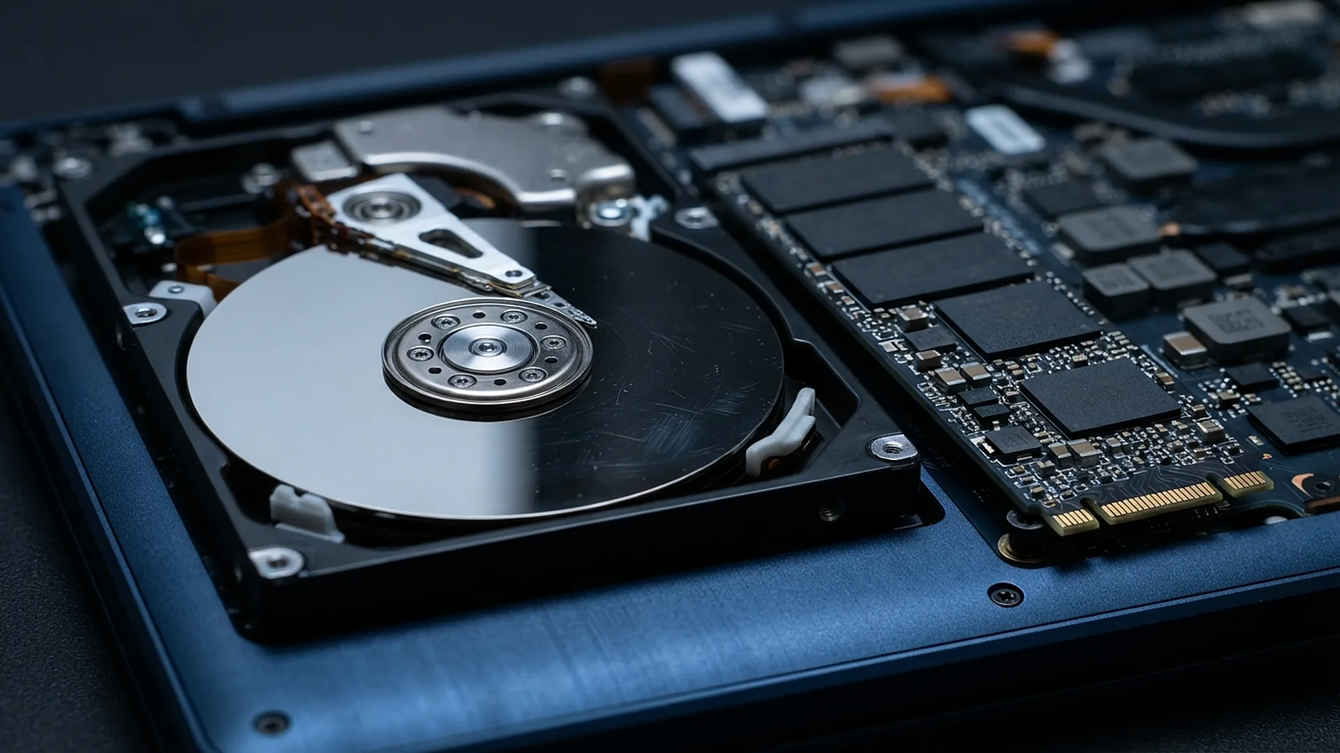 Жёсткий диск со снятой крышкой и SSD формата M.2 внутри корпуса ноутбука