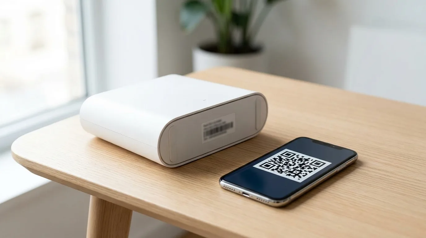 Роутер с наклейкой пароля и смартфон с QR-кодом сети Wi-Fi