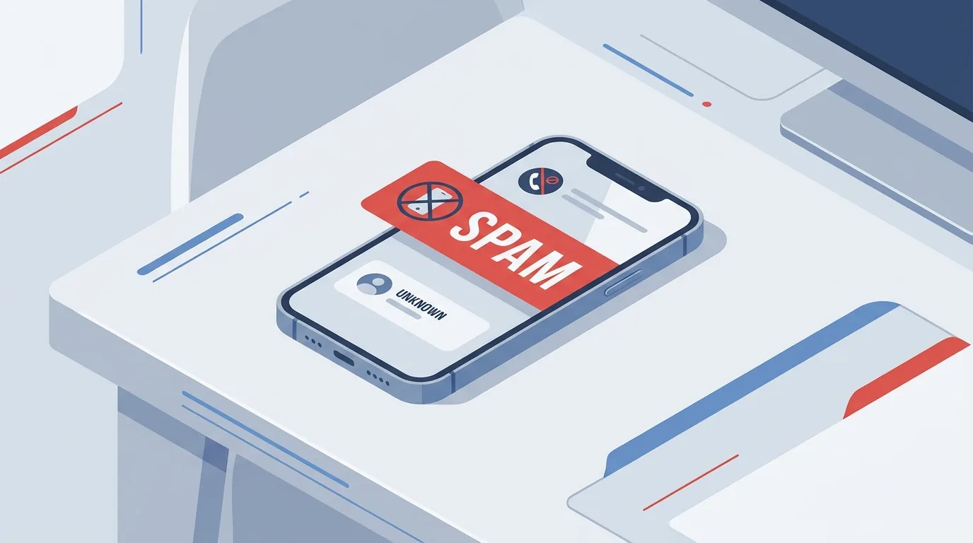 Смартфон с входящим звонком от неизвестного номера и красной меткой спама на экране
