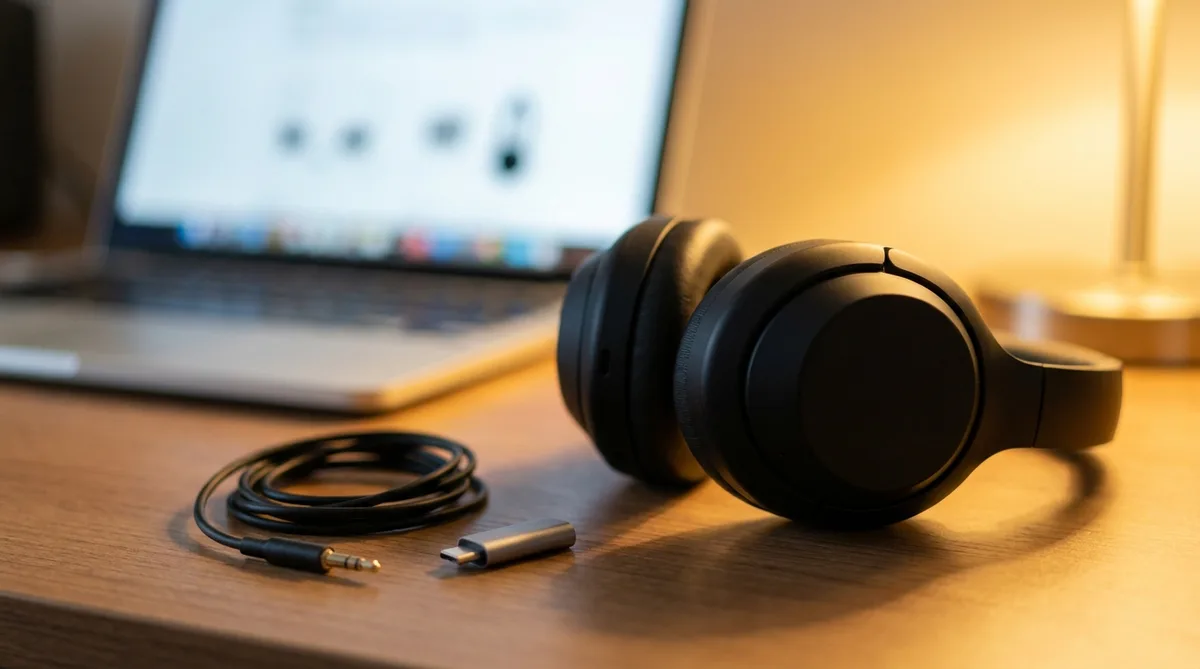 Наушники, кабель с разъёмом 3,5 мм и USB-C переходник на столе рядом с ноутбуком