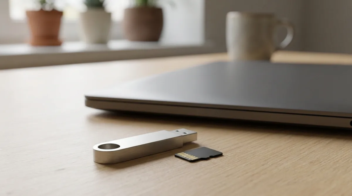 Флешка и карта памяти microSD на столе рядом с ноутбуком