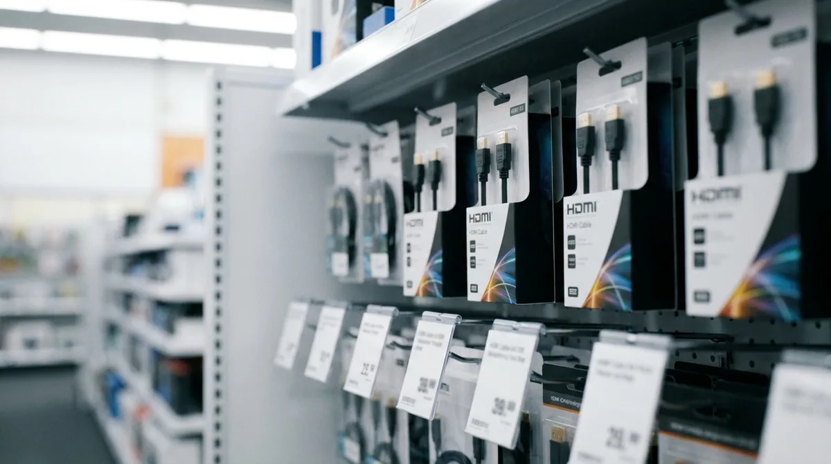 Полка магазина электроники с HDMI-кабелями в упаковках и ценниками