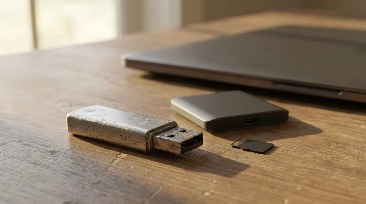 Флешка, внешний SSD и карта памяти лежат на столе рядом с ноутбуком