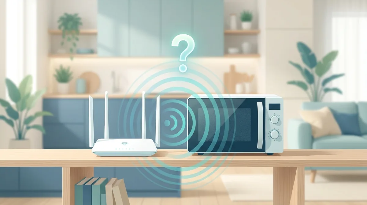 Wi-Fi роутер на столе рядом с микроволновкой, символ вопроса над сигналом
