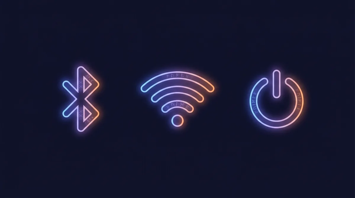Значки Bluetooth, Wi-Fi и кнопки питания на тёмном фоне