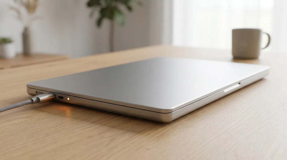 Закрытый ноутбук на столе с подключённым кабелем питания USB-C и горящим индикатором зарядки