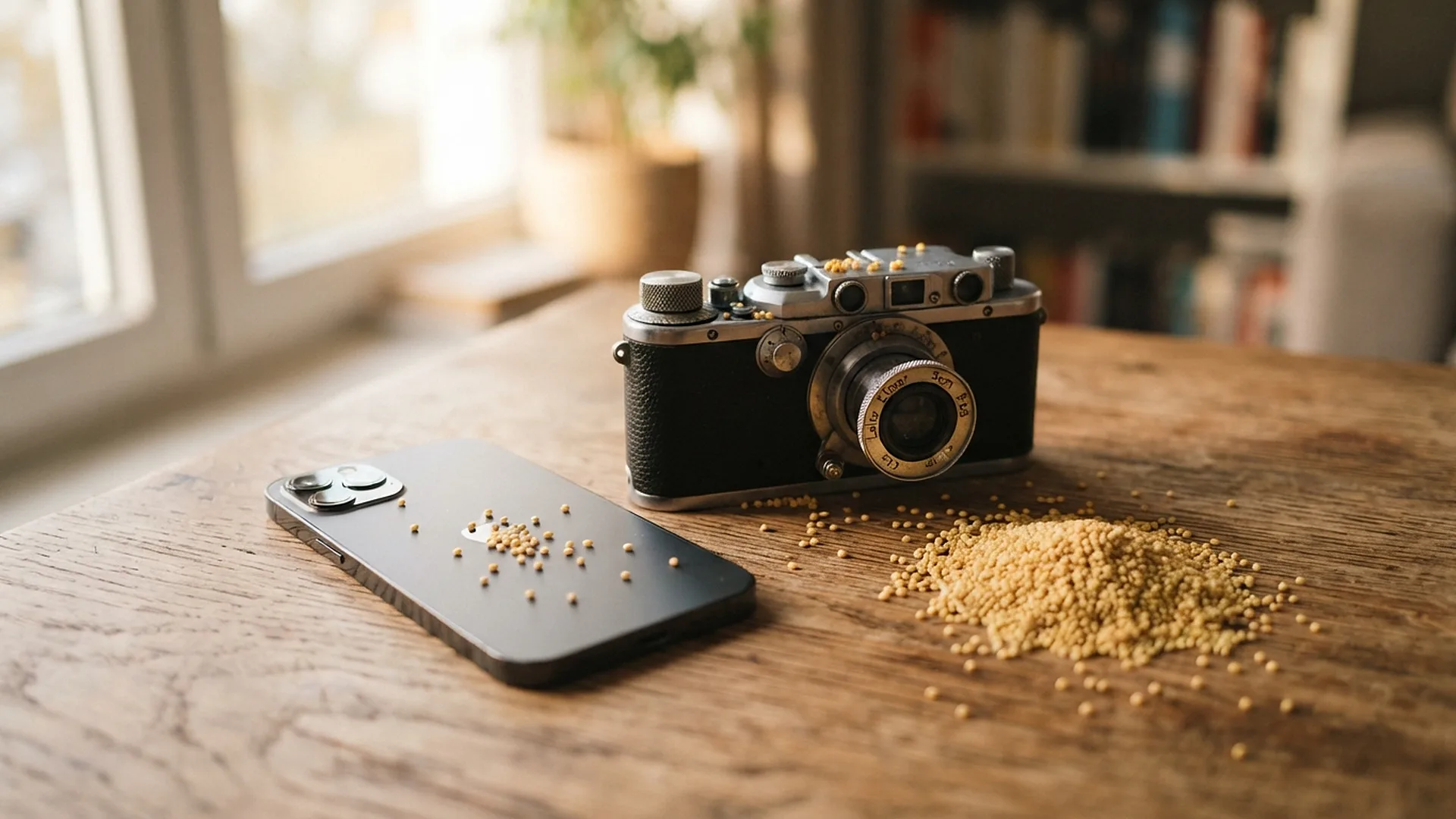 Смартфон и старый плёночный фотоаппарат на деревянном столе рядом с горкой пшена