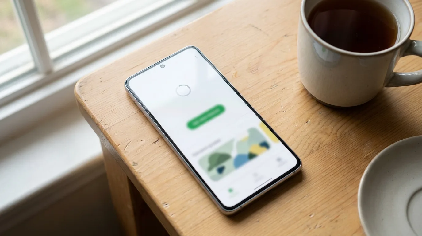 Android-смартфон на столе с зависшей загрузкой приложения в магазине
