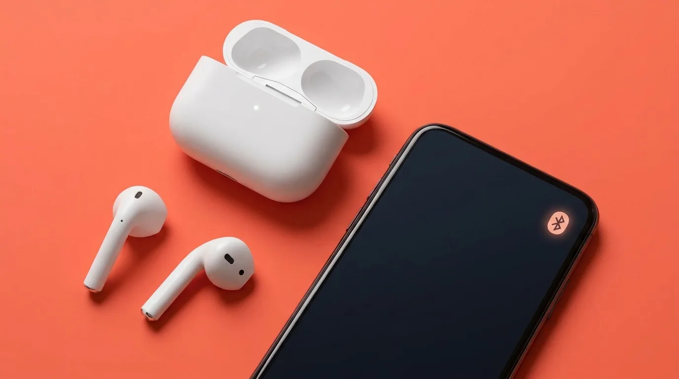 Беспроводные наушники рядом со смартфоном, значок Bluetooth не соединяется