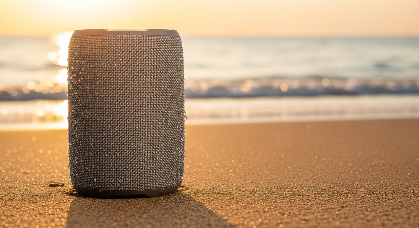 Портативная Bluetooth-колонка на песке у воды