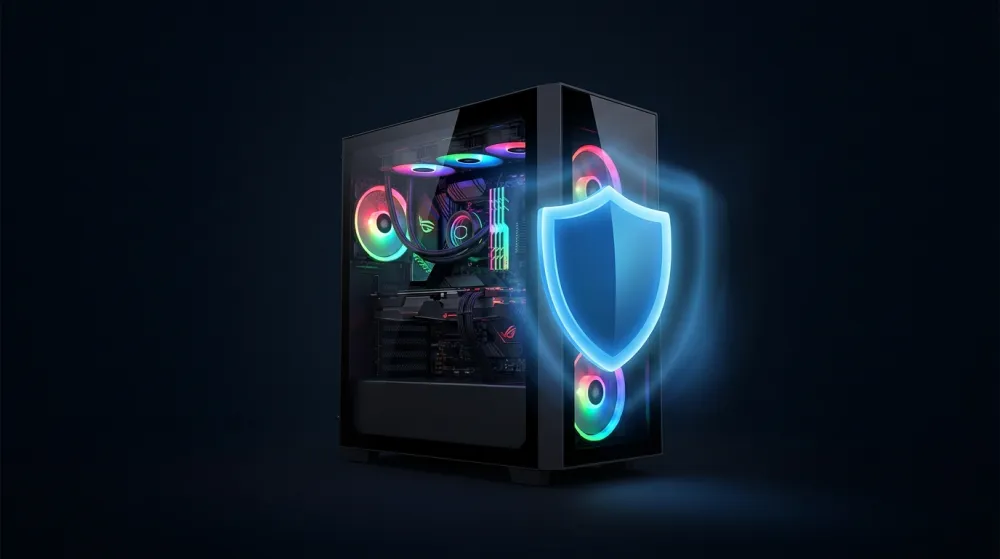 Игровой ПК с защитным щитом — символ безопасности