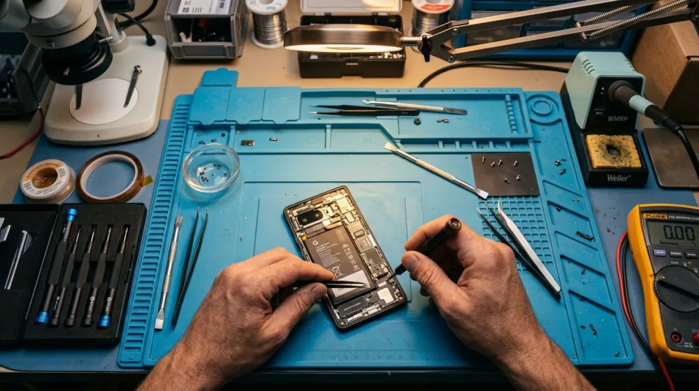 Мастер ремонтирует смартфон на рабочем столе