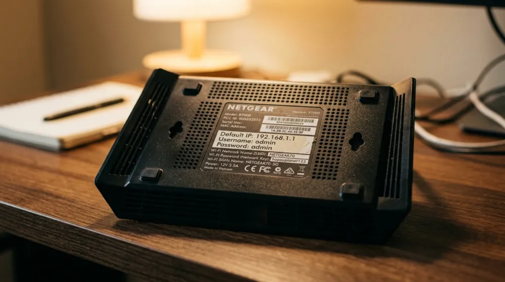 Наклейка на роутере с адресом, логином и паролем по умолчанию