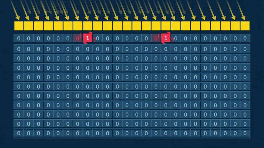 Схема Rowhammer: верхняя строка памяти бомбардируется обращениями, в нижней меняются биты с 0 на 1