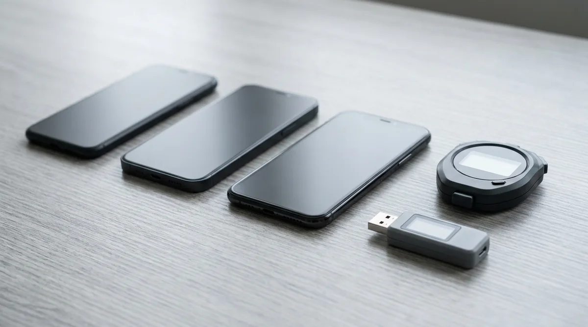 Три смартфона на столе рядом с секундомером и USB-тестером