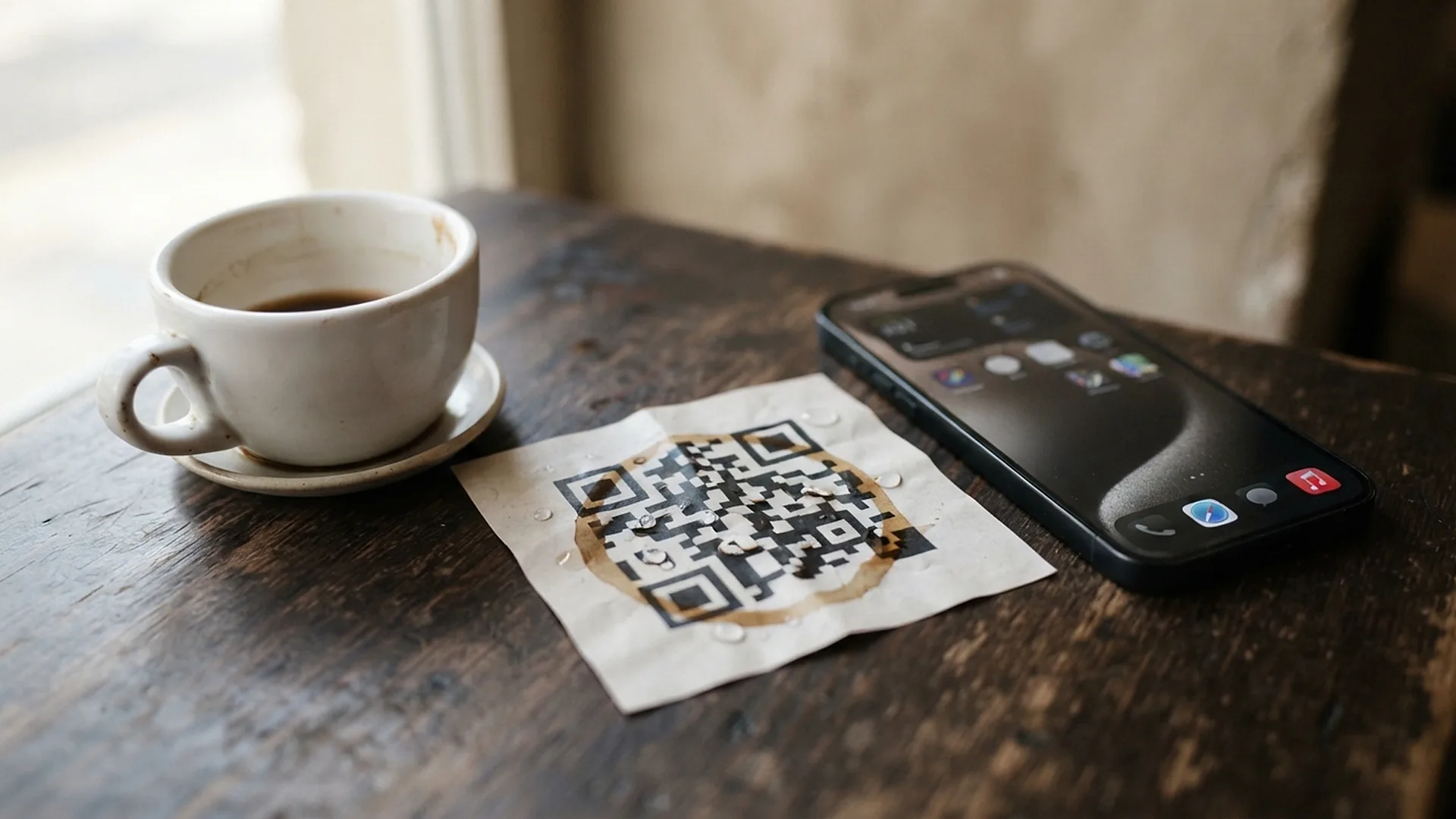 QR-код на мятой наклейке с пятном от кофе рядом со смартфоном