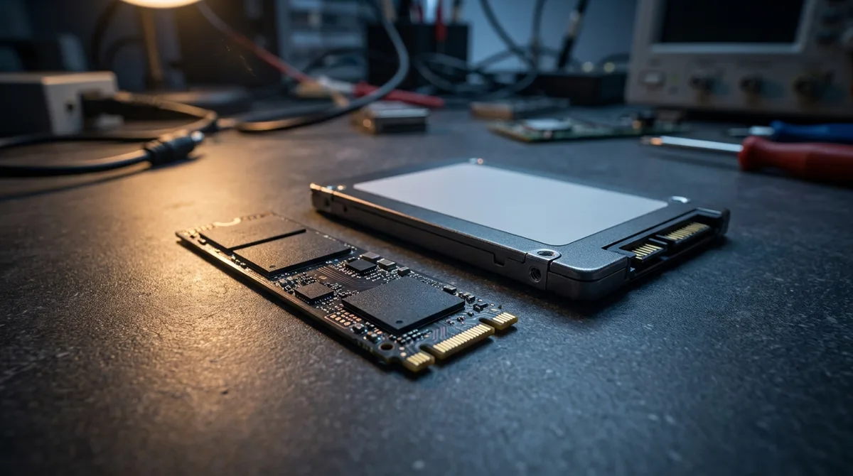 Накопитель M.2 SSD и 2,5-дюймовый SSD на тёмном лабораторном столе