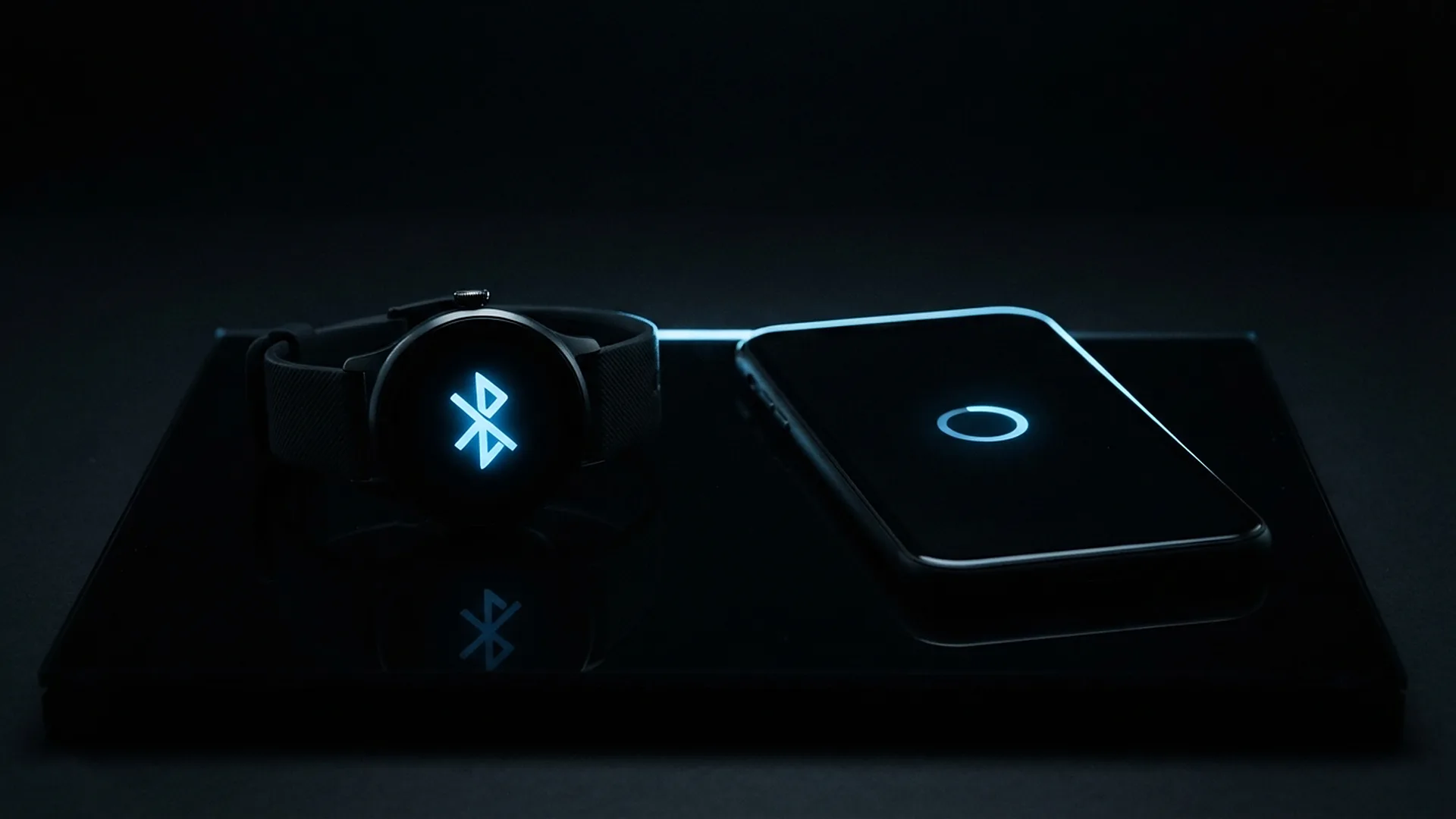 Смарт-часы со значком Bluetooth на экране рядом со смартфоном, который ищет устройство