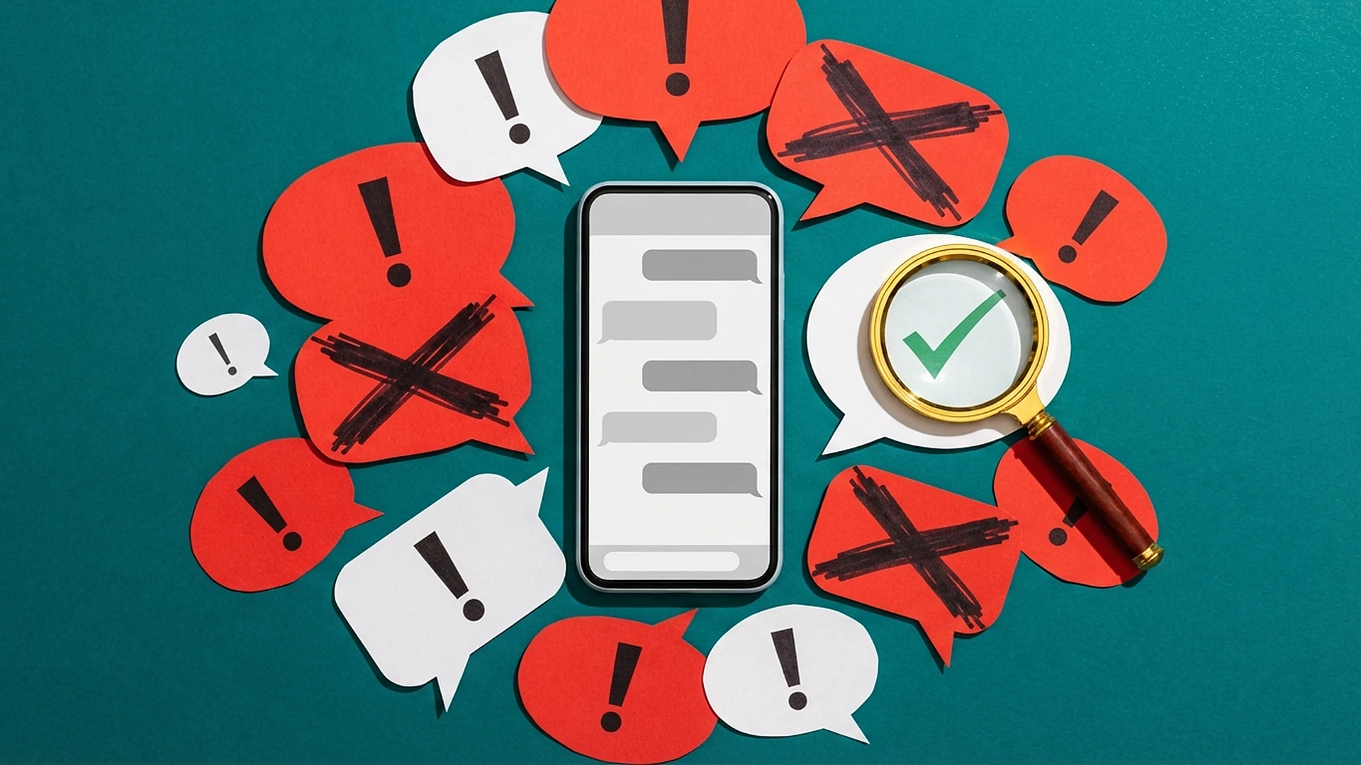 Смартфон в окружении бумажных облачков с восклицательными знаками, часть перечёркнута, под лупой — зелёная галочка