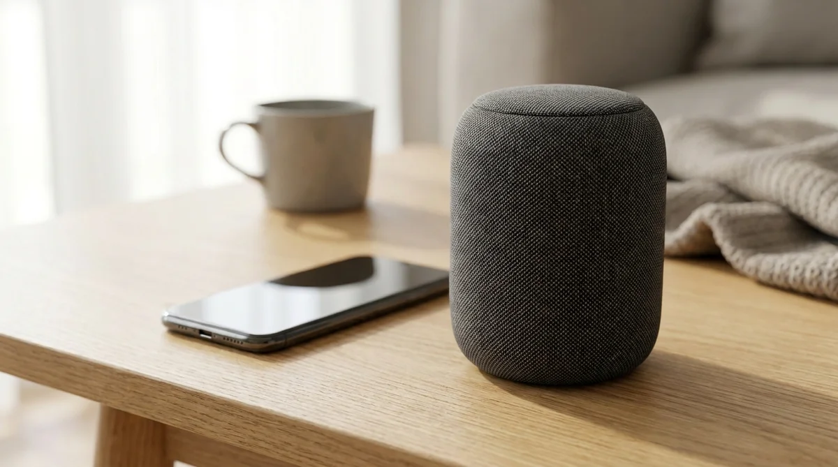 Портативная Bluetooth-колонка рядом со смартфоном на столе