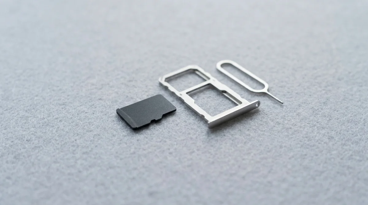 Карта памяти microSD рядом с открытым лотком смартфона и скрепкой