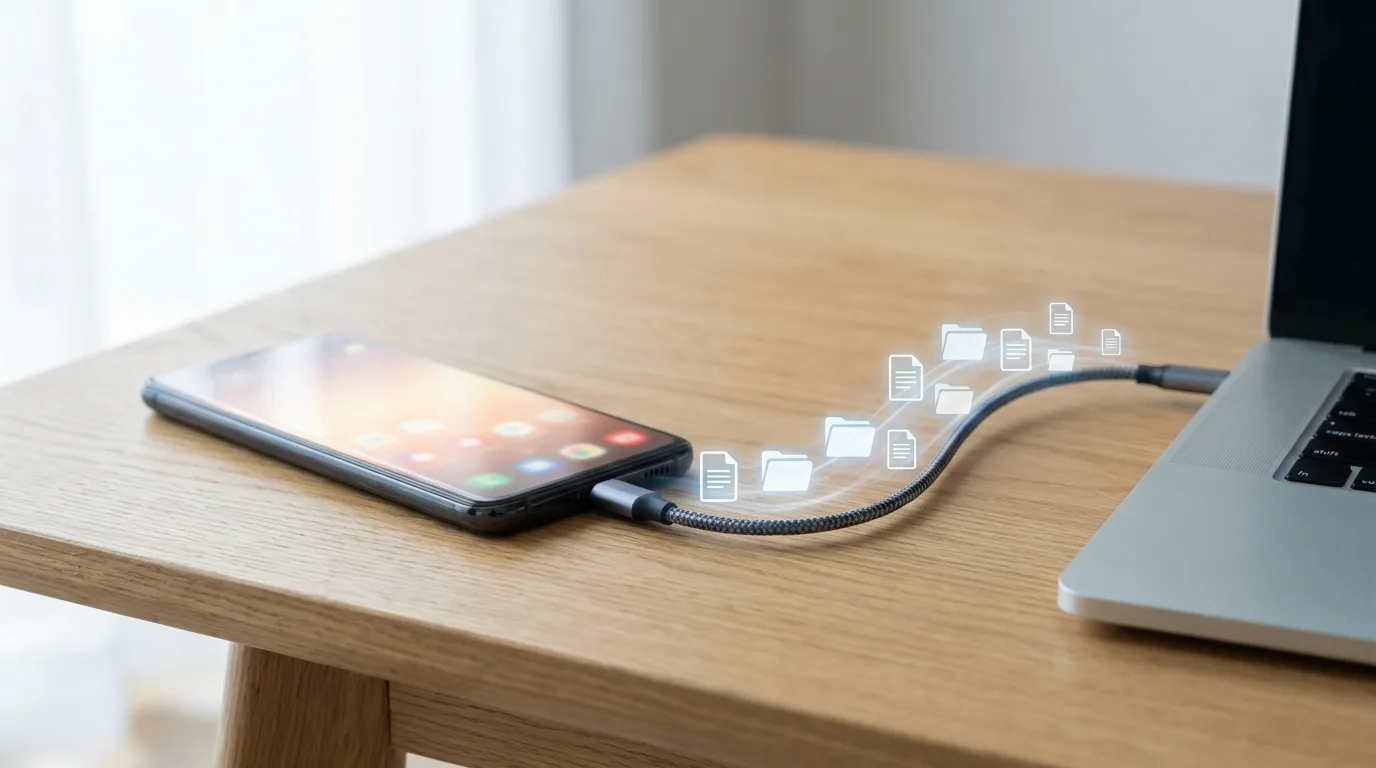 Смартфон подключён к ноутбуку кабелем USB для передачи файлов