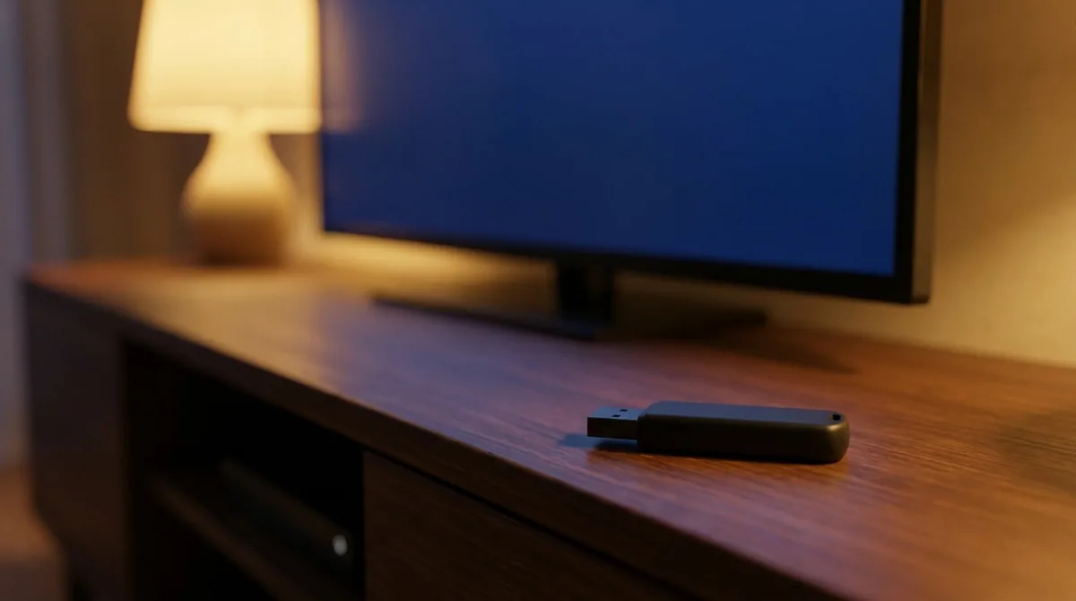 USB-флешка лежит на тумбе перед телевизором с пустым экраном