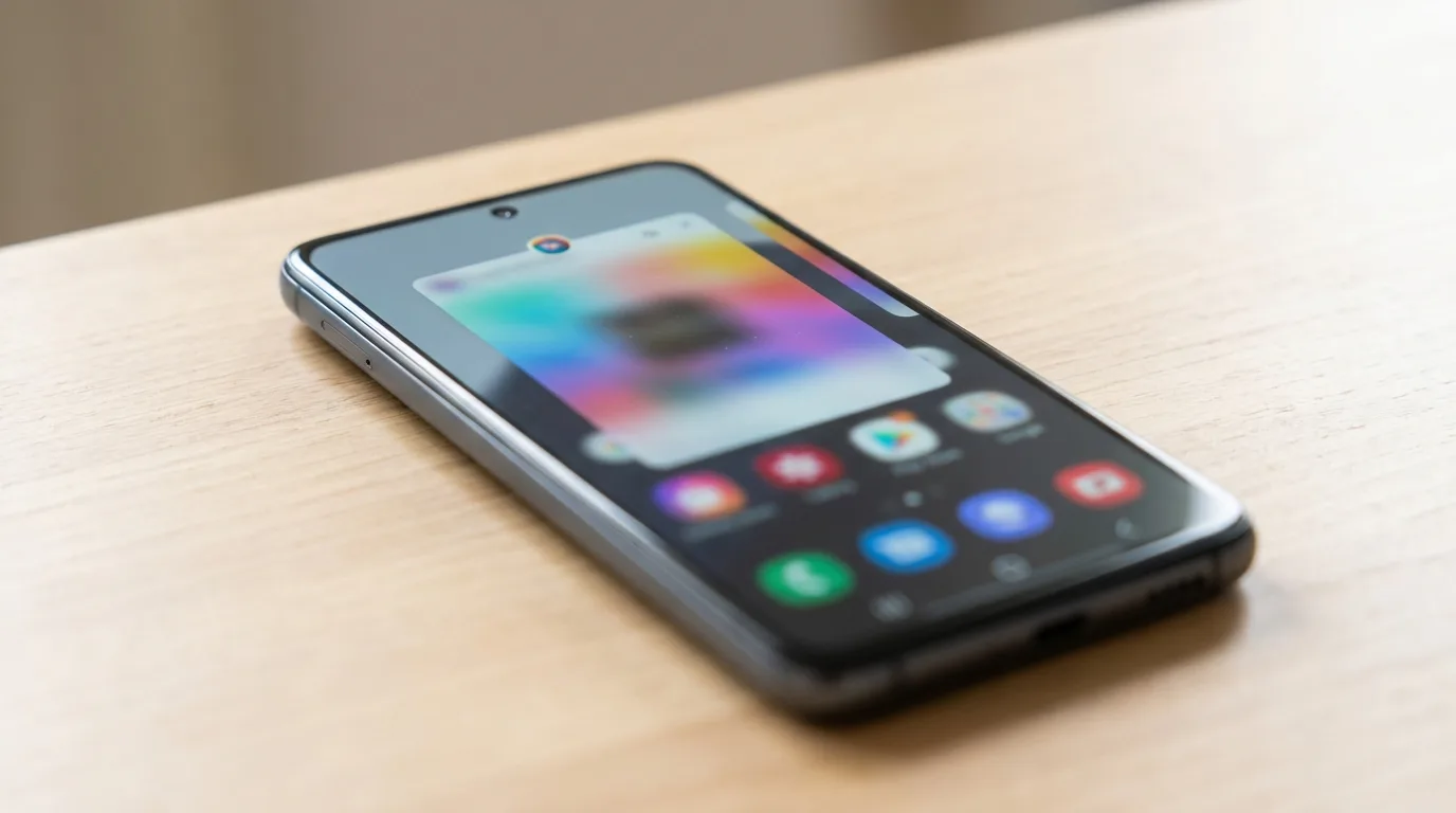Android-смартфон на столе с закрывающимся приложением на экране