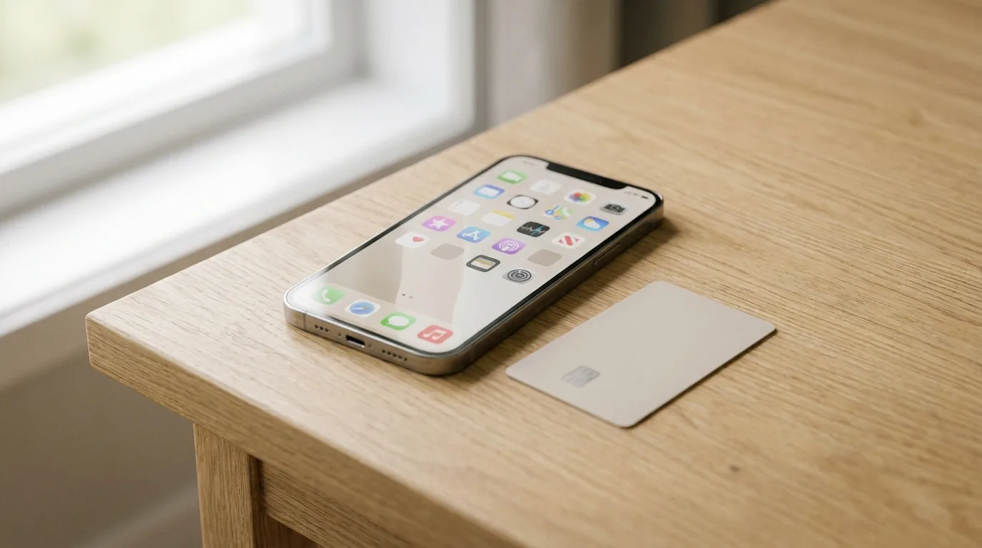 iPhone на столе рядом с банковской картой